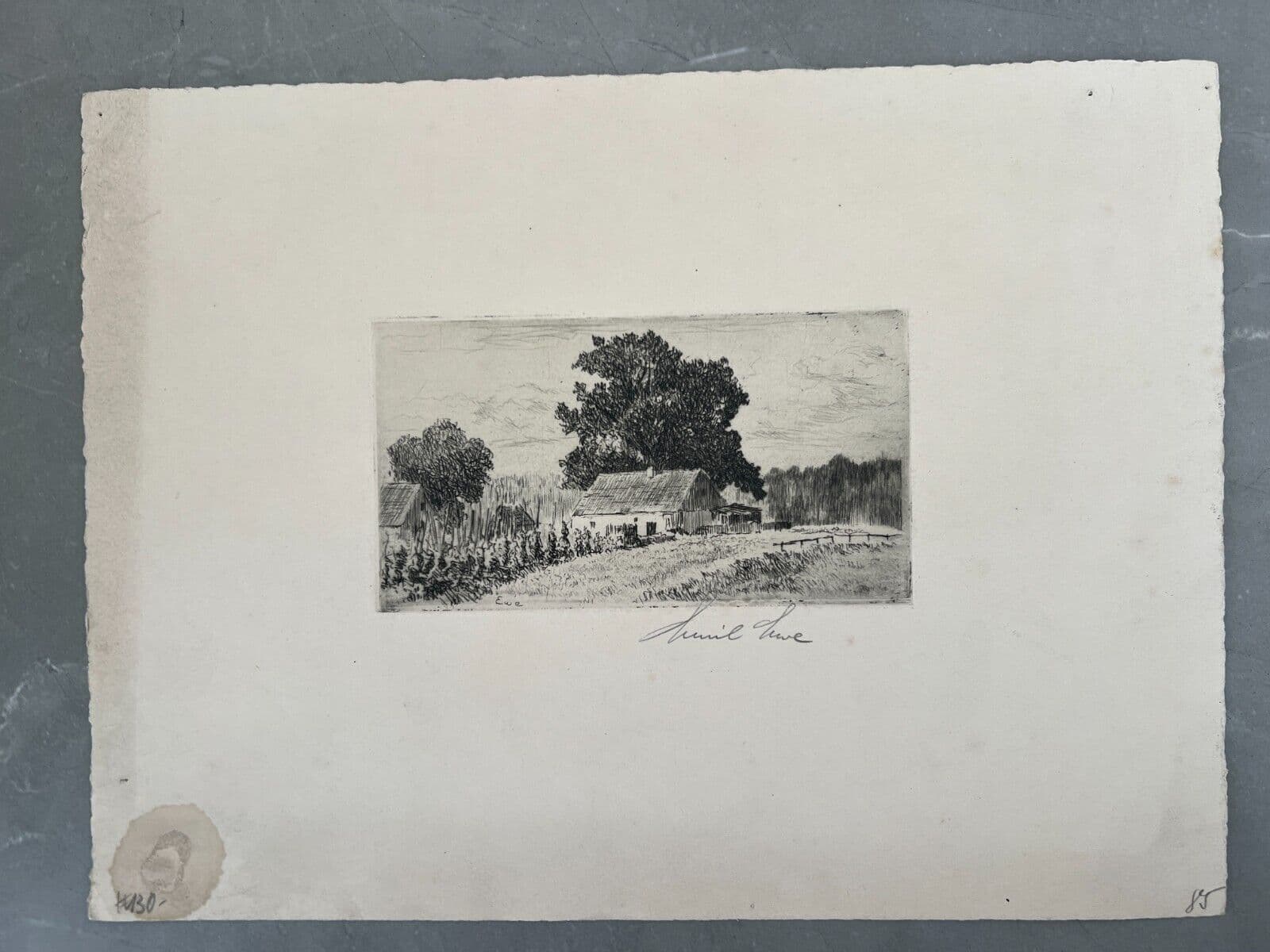 Antique Etching Original Landscape, Forest, Trees, House, Garden image 2