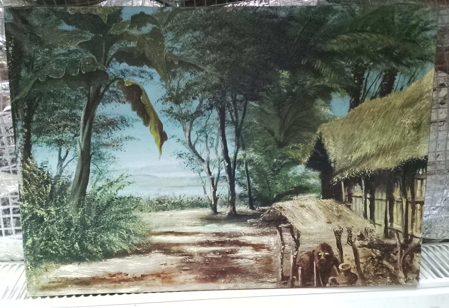 Antique Original African Landscape Palm Trees, Sea and House image 5