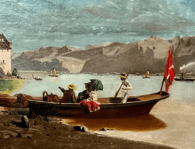 Antique Painting Original Landscape Amédée NURY (1856-?) Switzerland Lake, Boat image 4