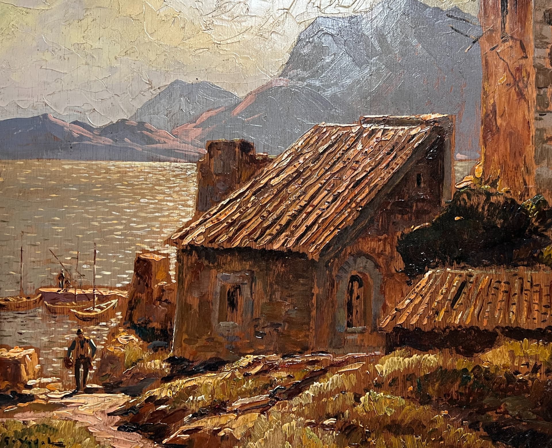 Painting by LINSYER Th (XIX-XX) Mountain Landscape with Fisherman