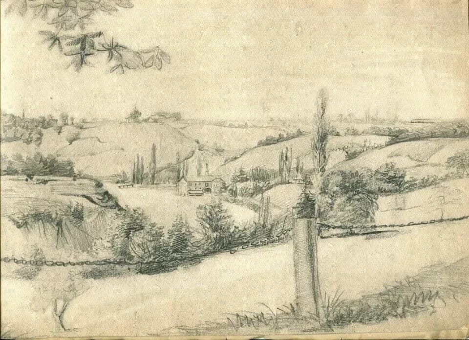 Antique Pencil Drawing Original Landscape Lignon, Geneva 1870 Artwork image 5