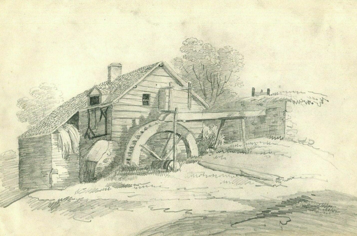 Vintage Pencil Original Drawing Landscape with a Watermill image 1