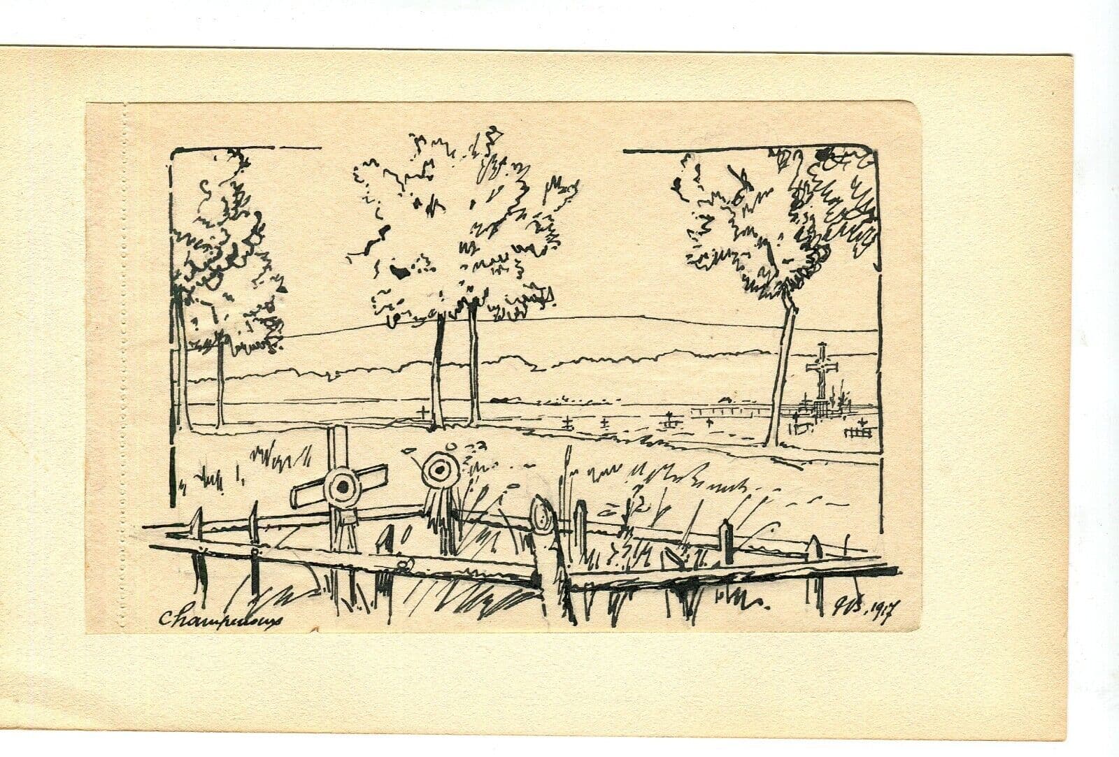 Vintage Ink Original Drawing Champenoux Cemetery Landscape Artwork image 3