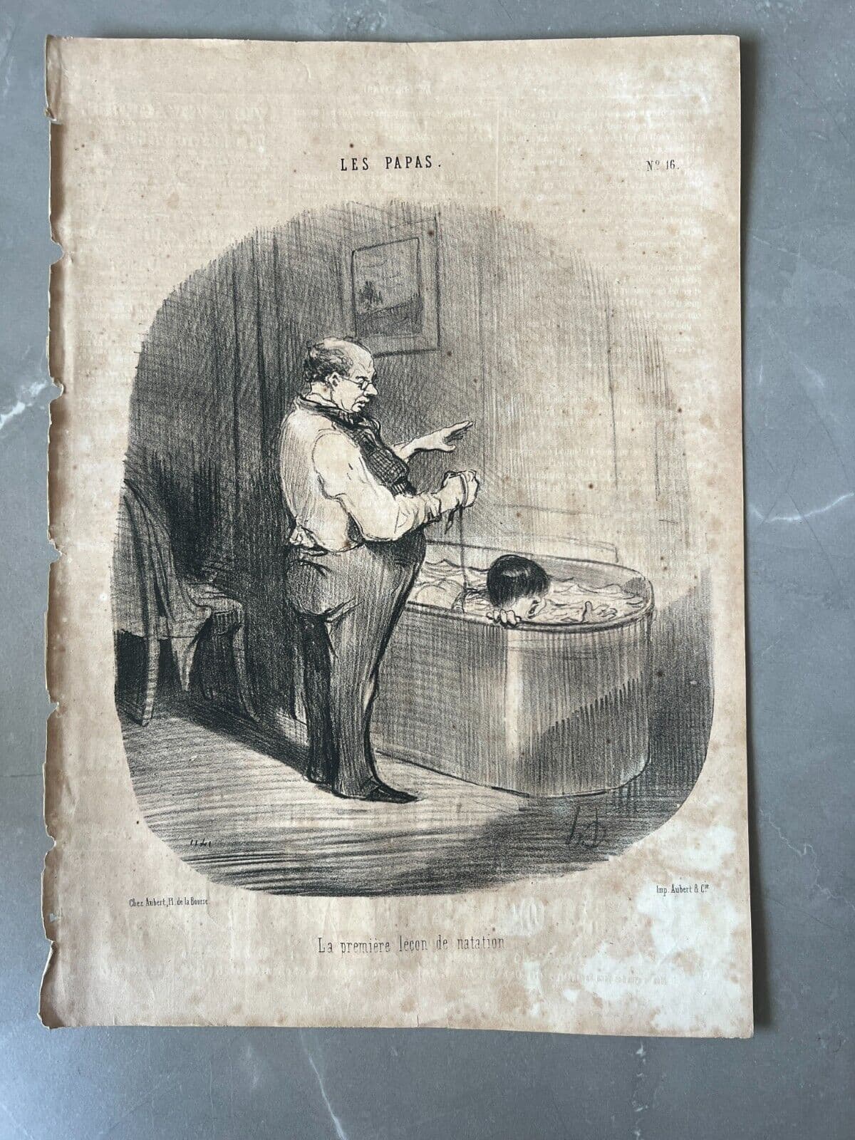 Antique Print 19th century Daumier, Les Papas, Lecon de Natation image 2