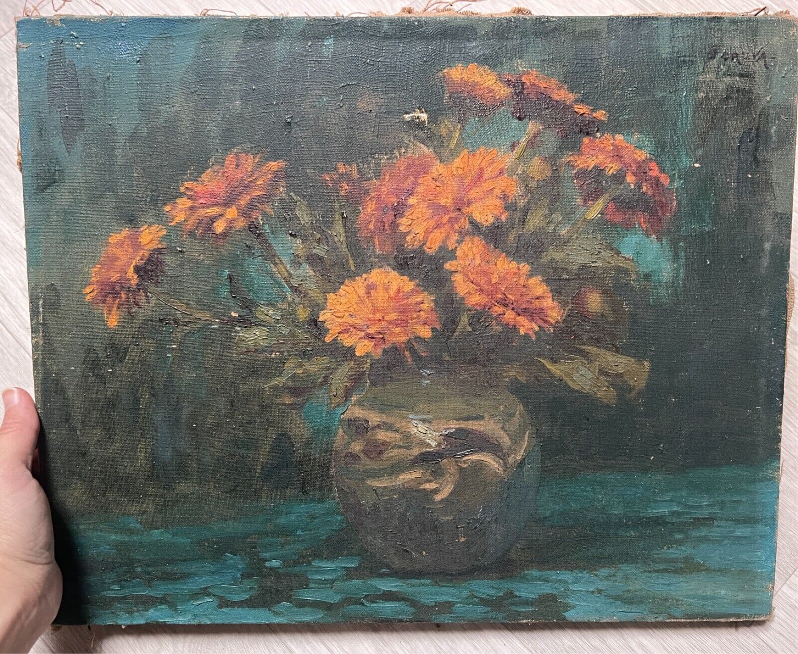 Antique Oil Painting Original Still Life, Flowers, Vase signed image 6