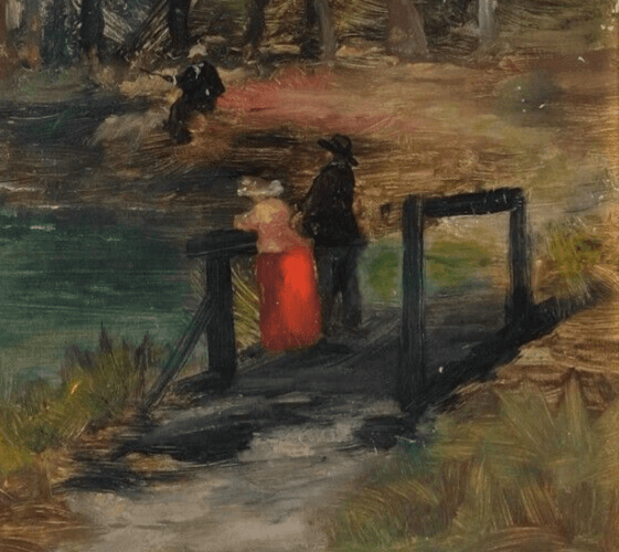 Antique Oil Painting Original Landscape, People on a Bridge Framed image 2