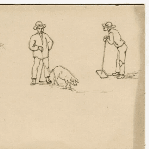 Vintage Pencil Original Drawing Couple Portrait, Man with Pig image 3