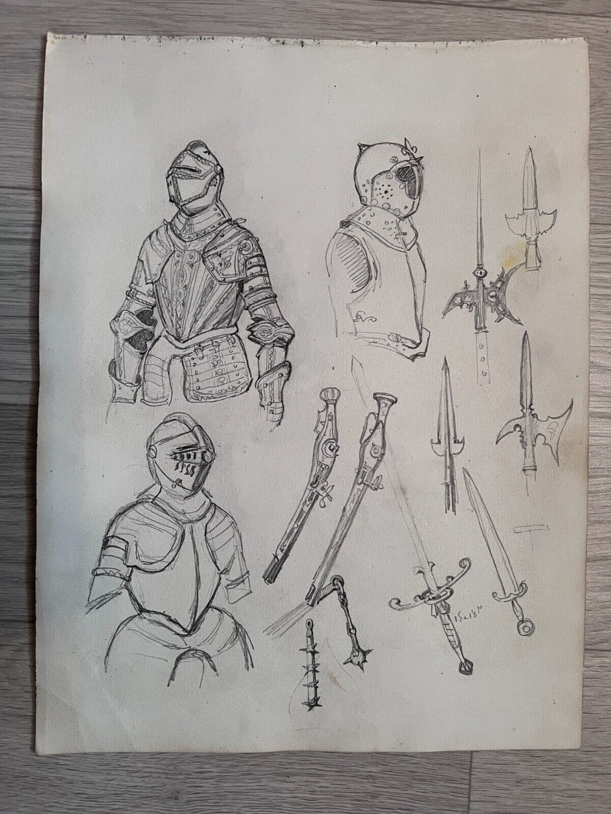 Antique Original Drawing 19th century Knight Portrait, Swords Sketches image 5