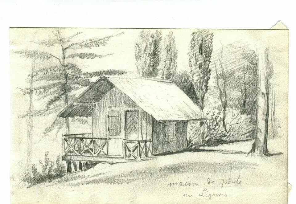 Antique Pencil Drawing House of Poche in Lignon, Landscape image 5