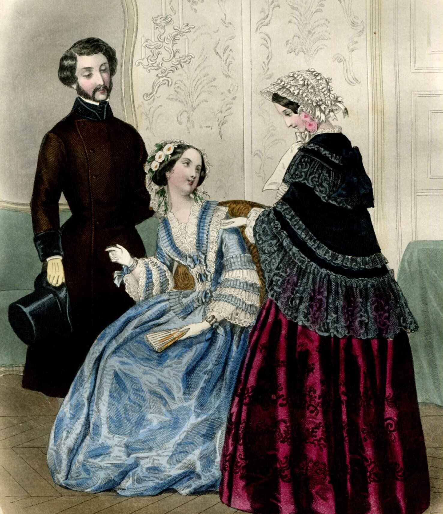 Antique Lithography 1860s Women & Children Fashion Print - Vintage Victorian Art