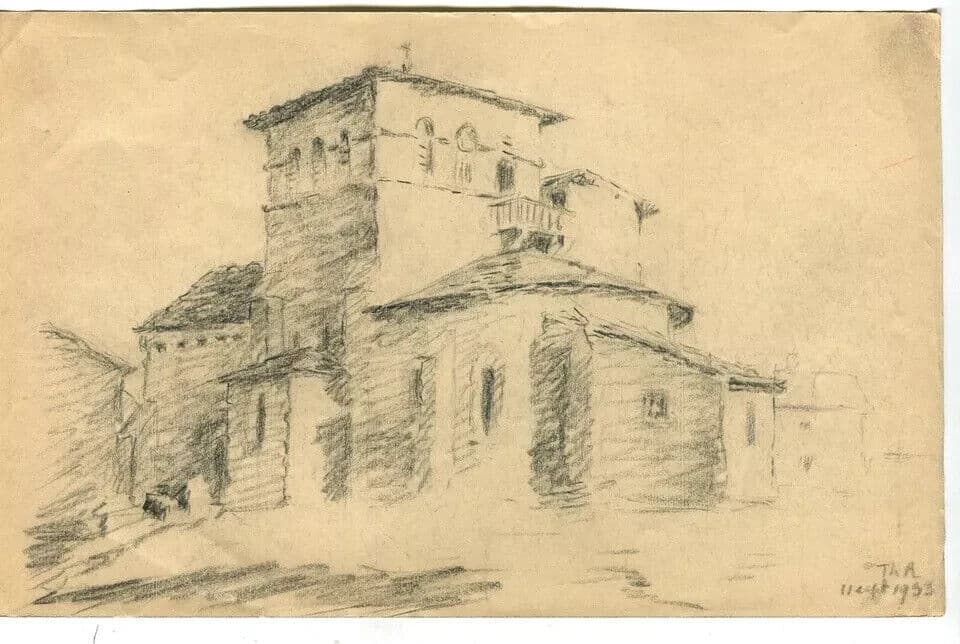 Vintage Pencil Signed Drawing Church, Monastery, Landscape, Architecture 1933 image 4