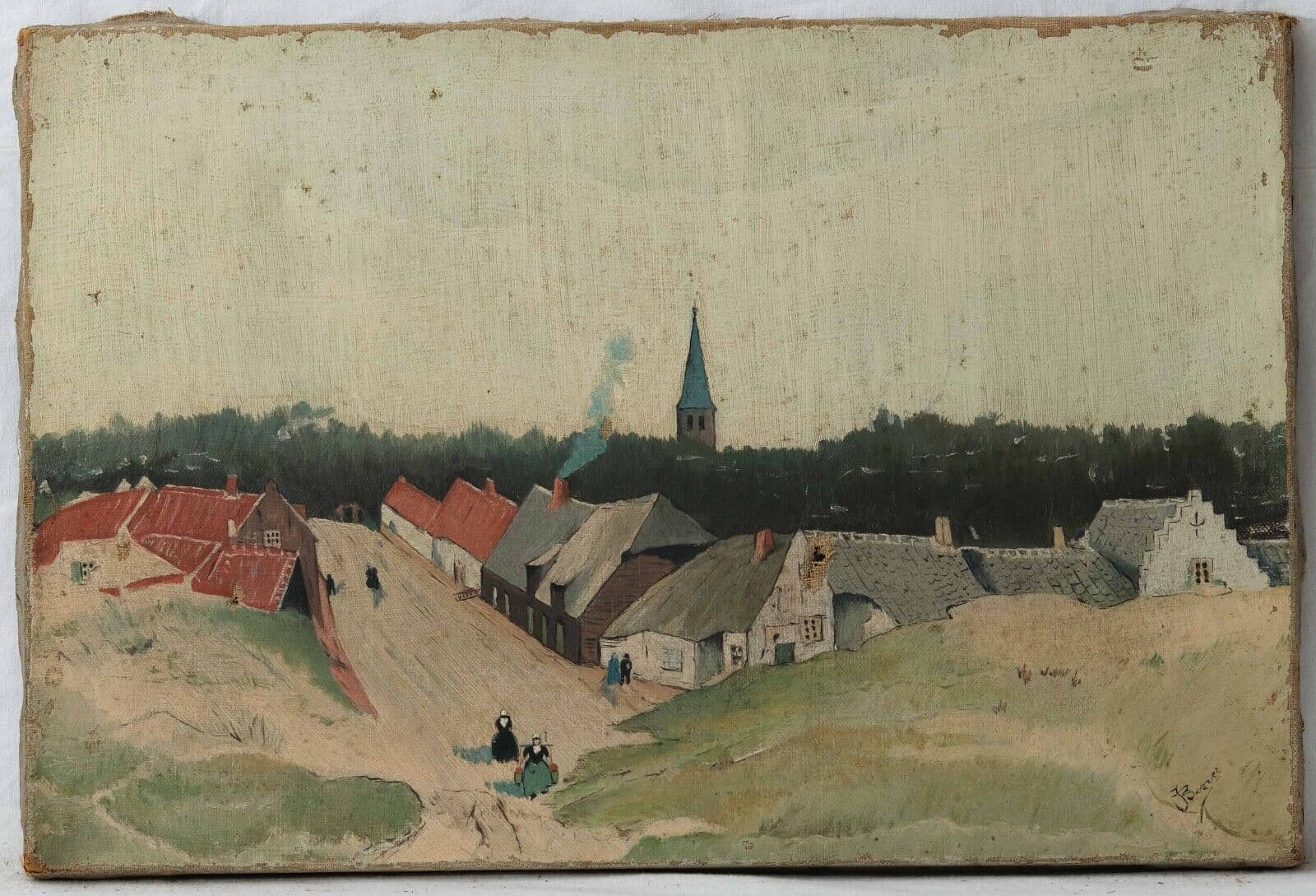 Antique Original Oil Painting Ciyview, Landscape, Breton, Village, People signed image 6