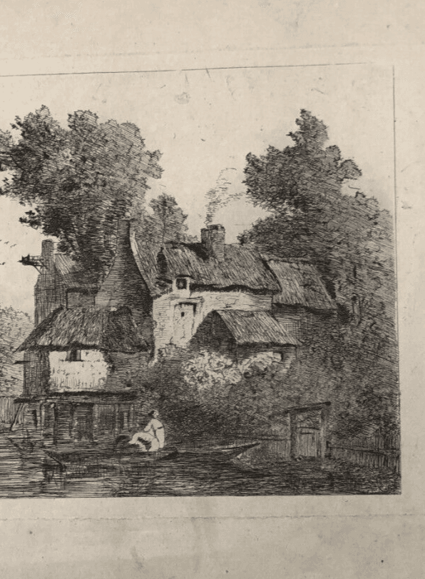 Antique Etching Original Landscape, Tree, Man, House, Boat image 5