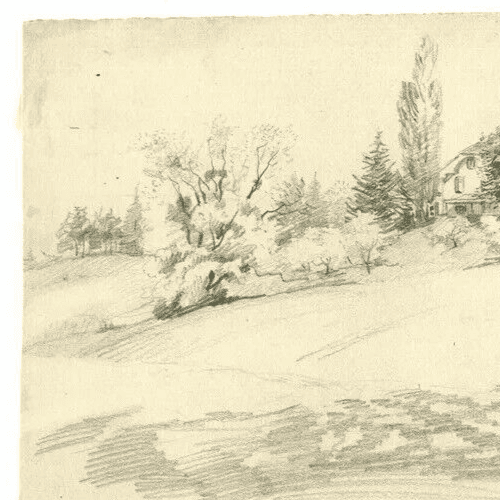 Vintage Pencil Original Drawing Sketch House, Garden. Landscape image 2