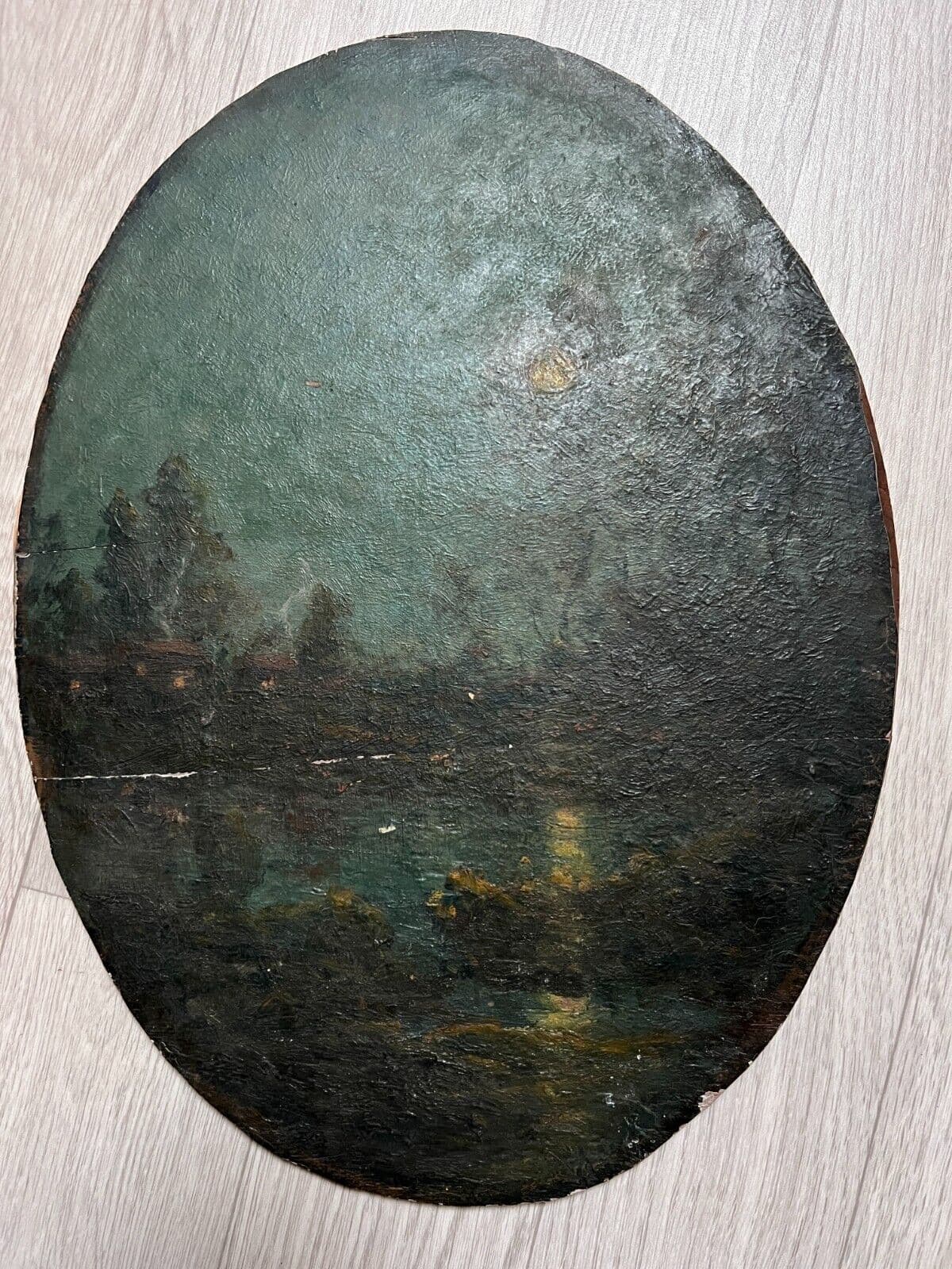 Antique Oil Painting Original Landscape, River, Trees, Forest, Moon, Night image 6