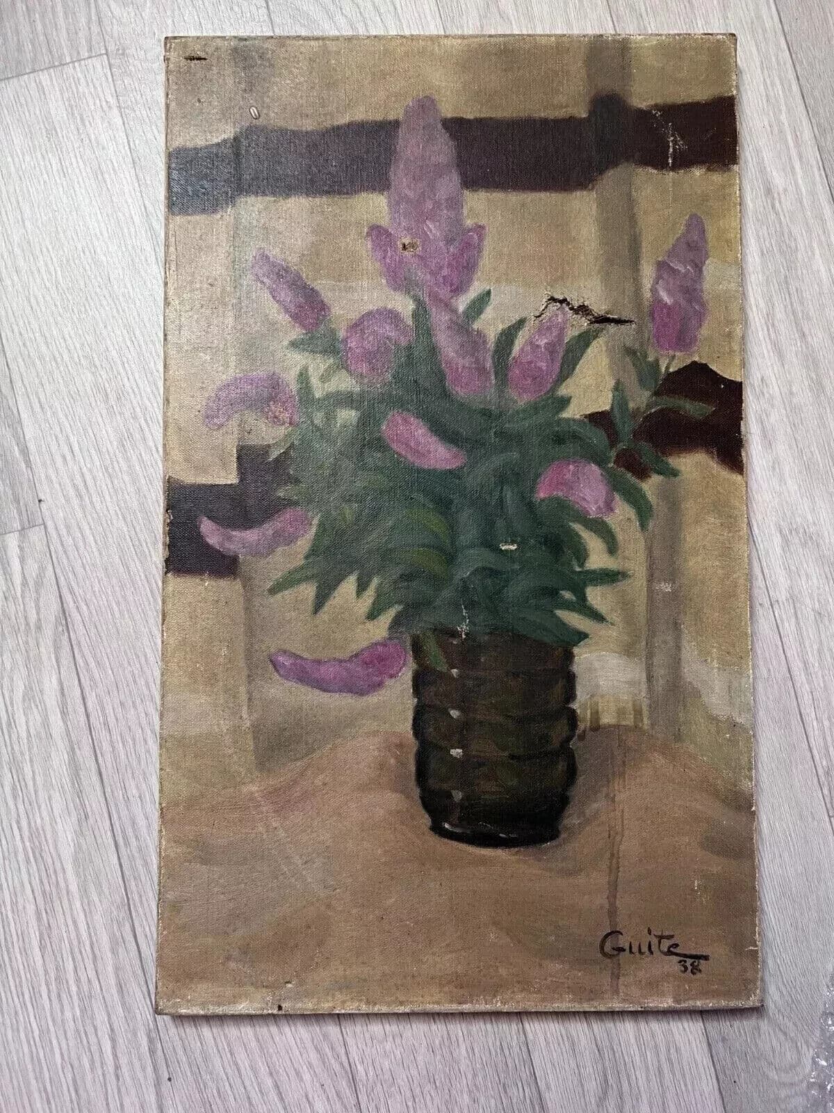 Antique Original Painting Purple Flowers Bouquet signed 1938 Floral image 2