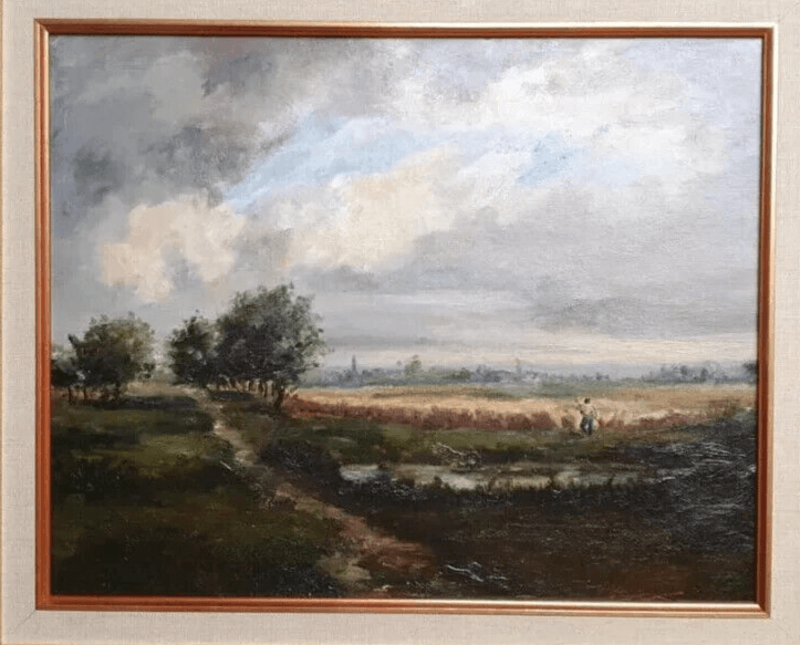 Antique Original 19th century Painting Landscape, Figure Barbizon, Fields image 3
