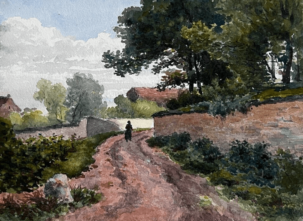 Antique Drawing Original Landscape, Cityview and People image 1