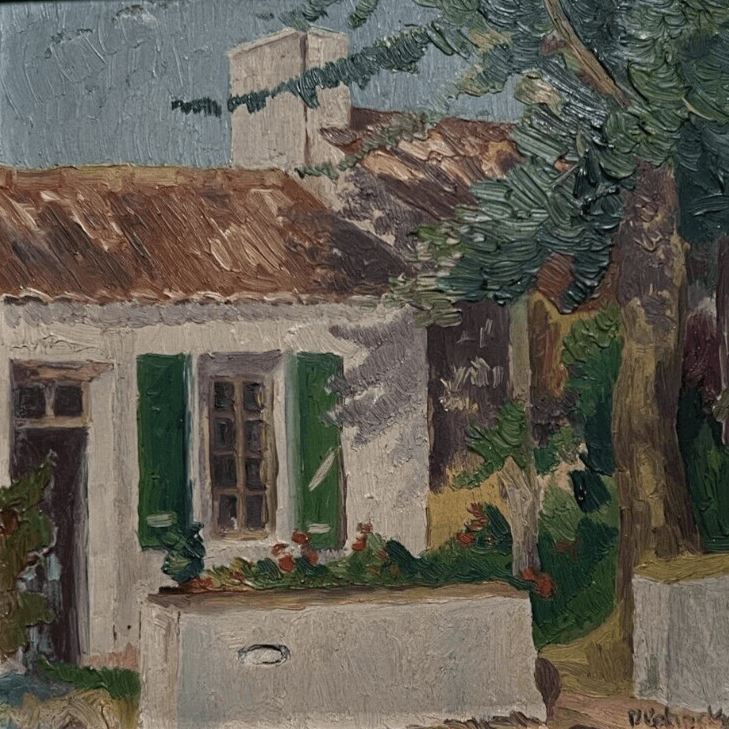 Antique Original Painting signed House, Tree, Architecture, Flowers Framed image 1