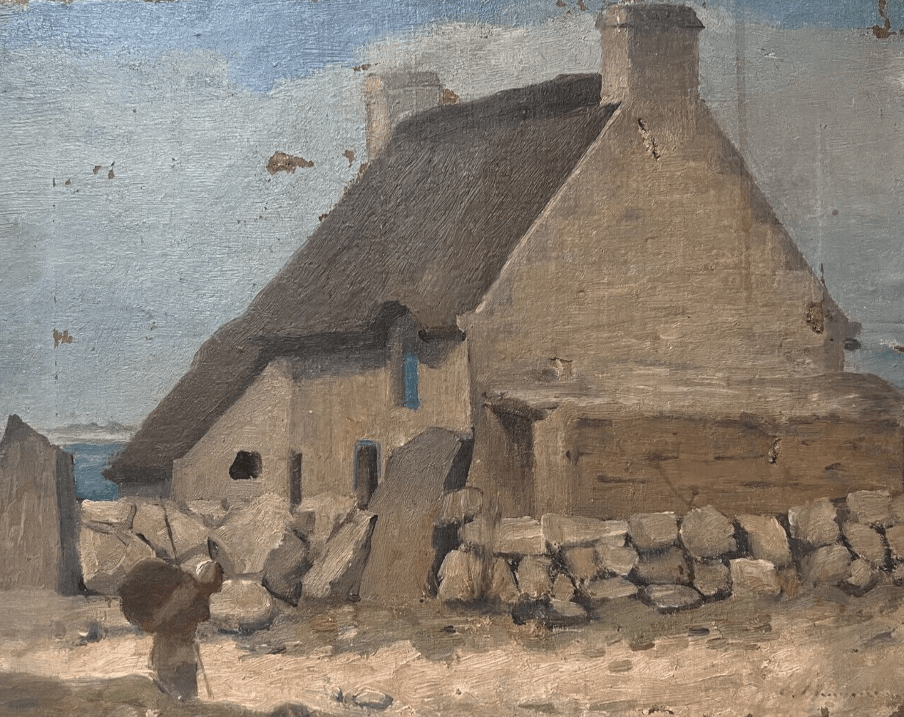 Antique Original Painting Landscape, Woman, House, Bretagne, Working Life image 1