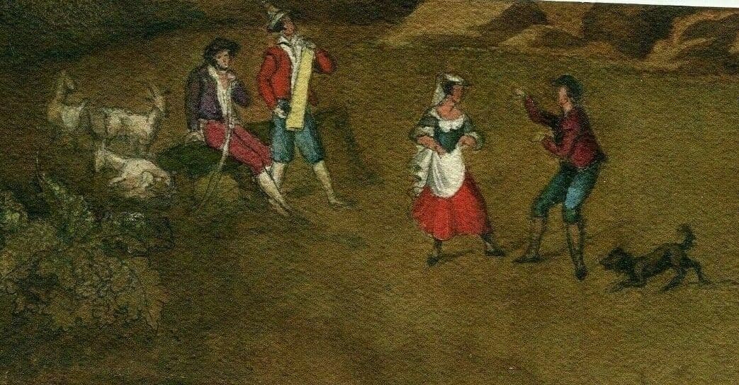 Antique Drawing 19th century Dancing People with Dog and Goats Artwork image 1