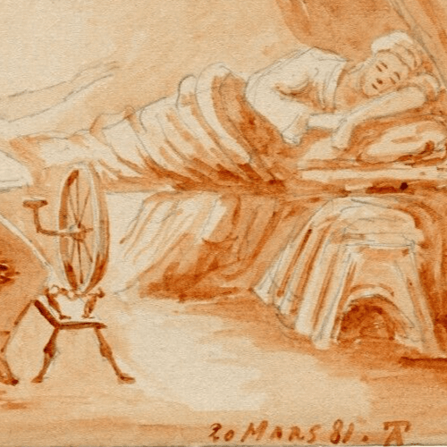 Antique Drawing Original People Man in Bed and Spinner image 4