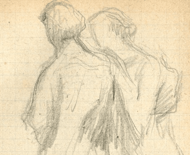 Antique Pencil Drawing Original Sketch Two Women Walking signed image 2