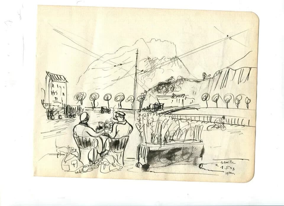 Vintage Ink Drawing Original Marine Men, Mountain Landscape signed image 4