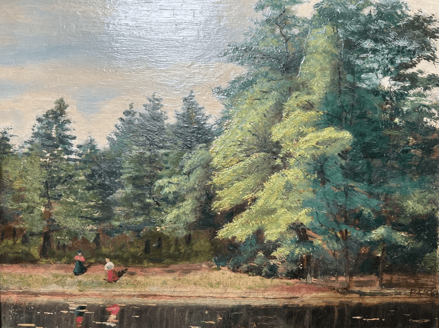 Antique Painting Original Landscape, People,Lake, Trees, Forest signed 19th image 1