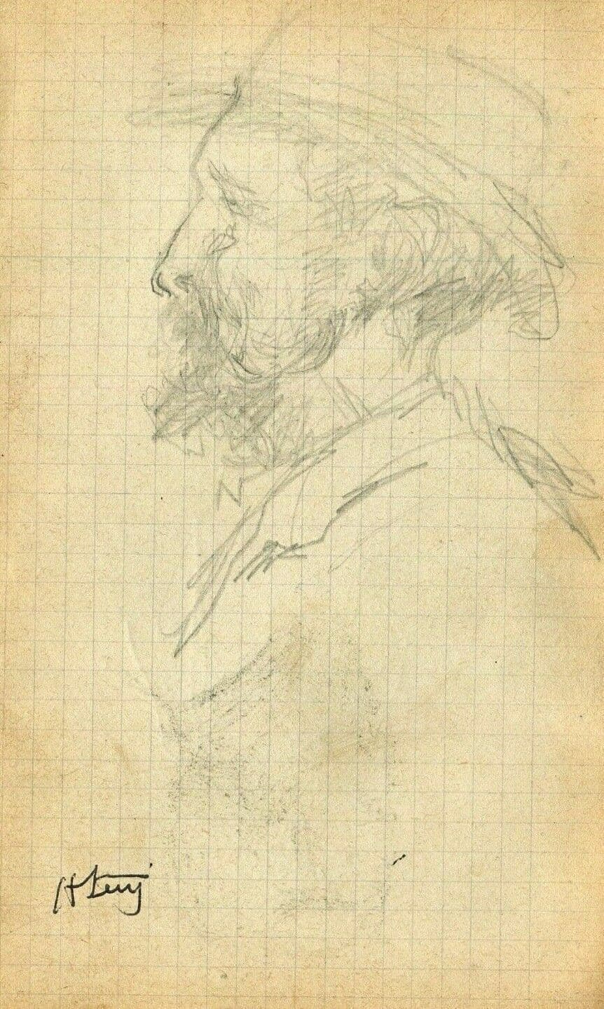 Antique Original Pencil Drawing signed Man Portait with Hat Artwork image 1