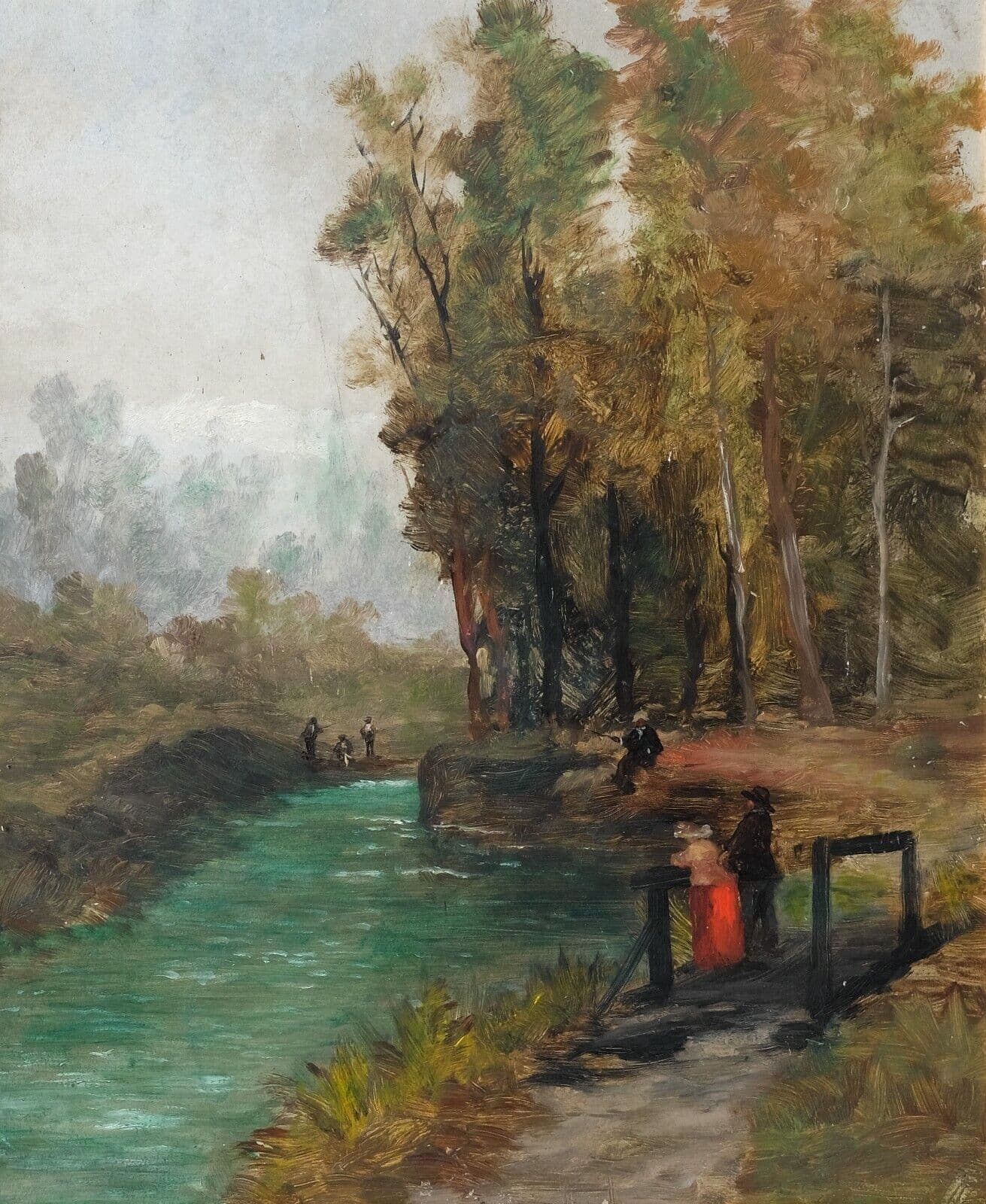 Antique Oil Painting Original Landscape, People on a Bridge Framed image 1