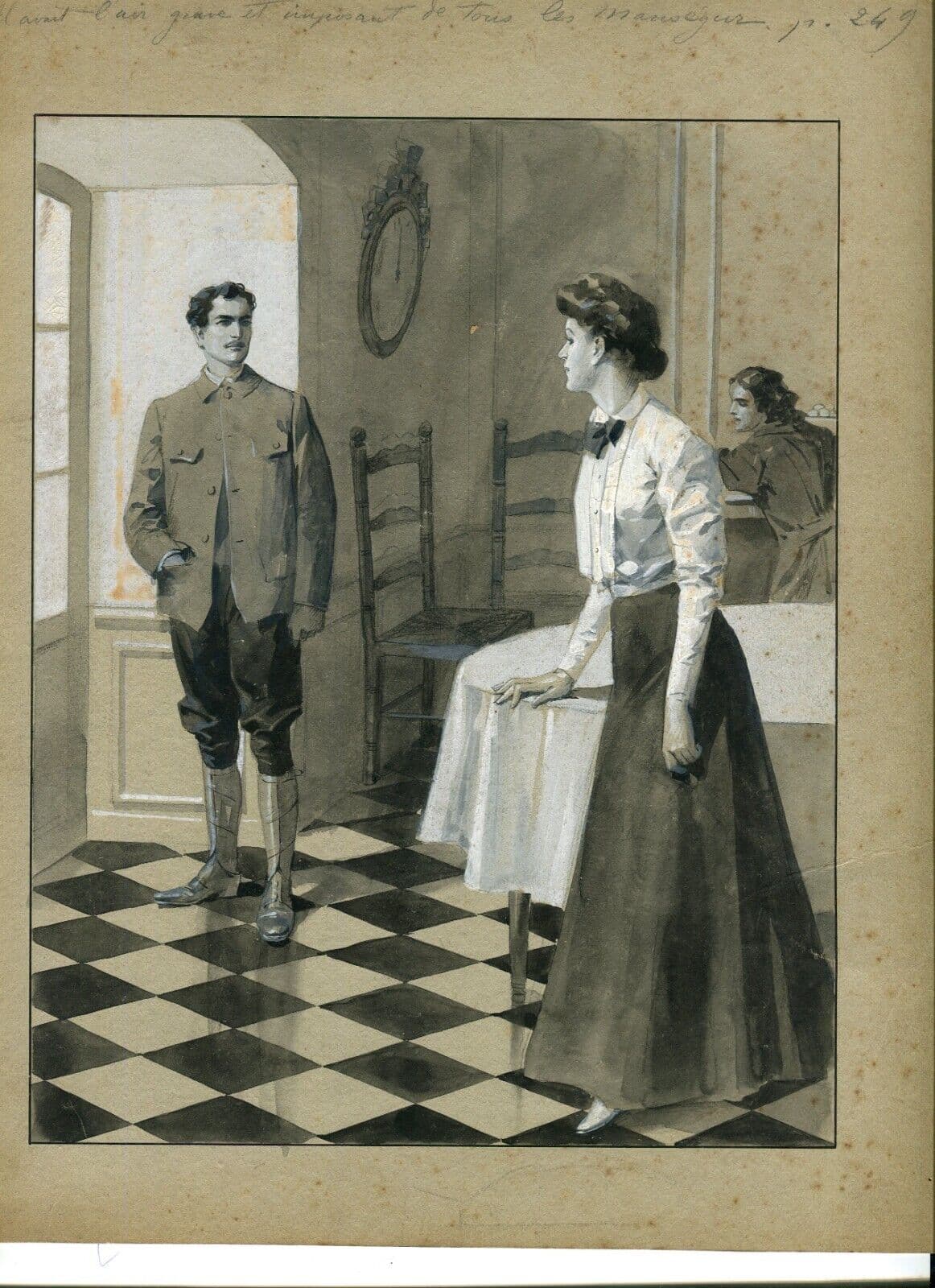 Antique Drawing Original Woman, Man, Portrait, Life Scene, Couple, Illustration image 6
