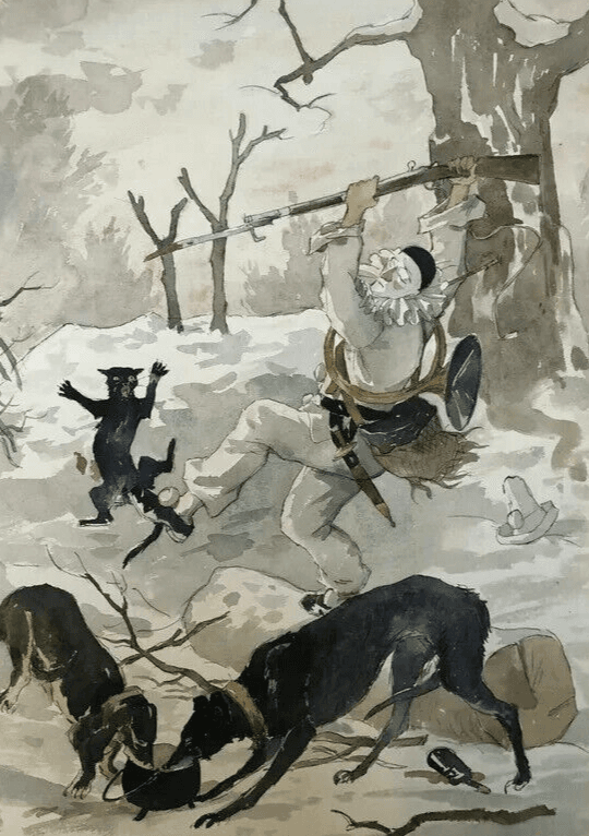 Antique Vintage Original Drawing Harlequin, Dogs, Hunting image 1