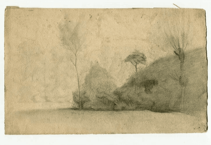 Antique Pencil Drawing Landscape, Forest and Field image 2