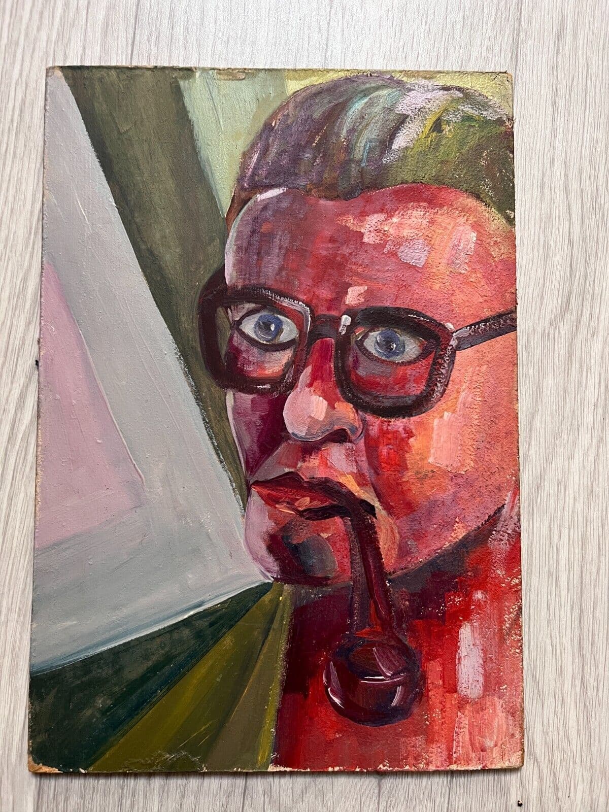 Antique Original Painting Red Man Portrait with Pipe image 2