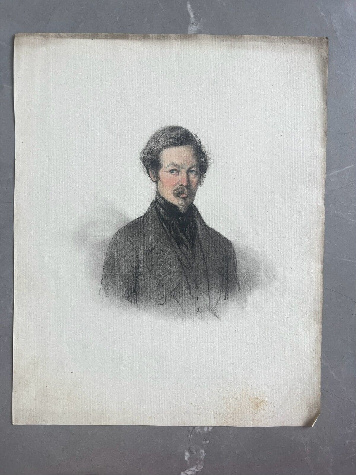 Antique Original Drawing 19th century Man Portrait, Beard image 3