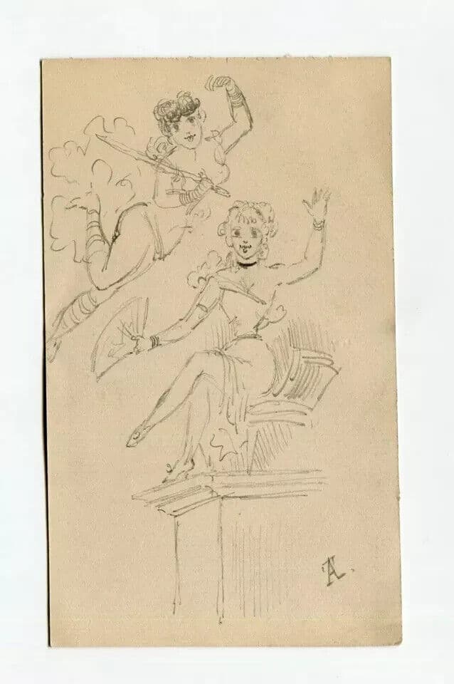 Antique Drawing Pencil Original Women, Angels, Music, Sketch image 7