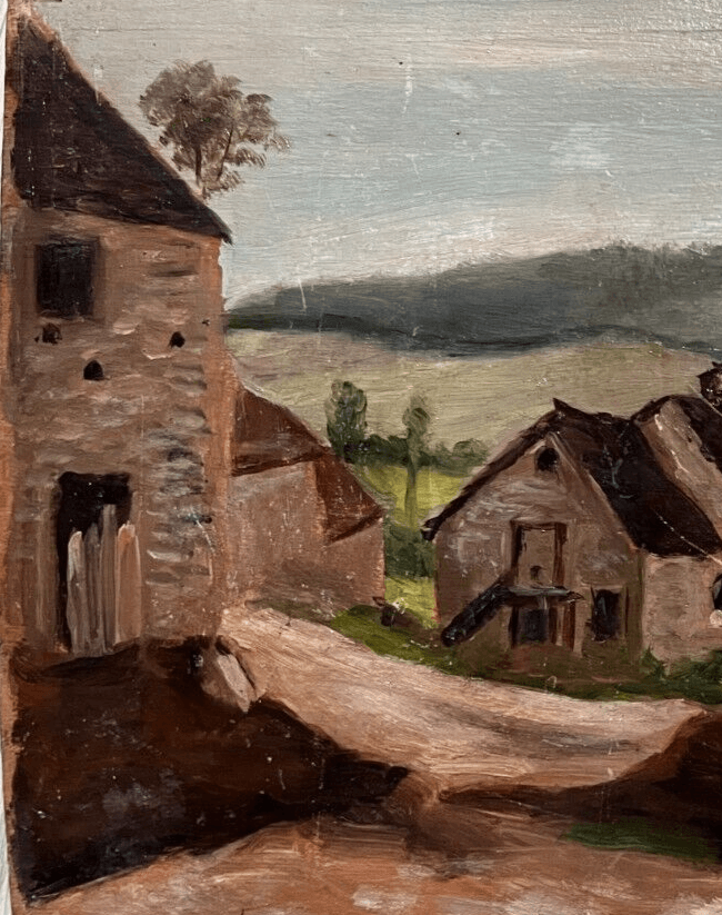 Antique Original Painting Landscape, Optevoz, Houses, People 19th century image 3