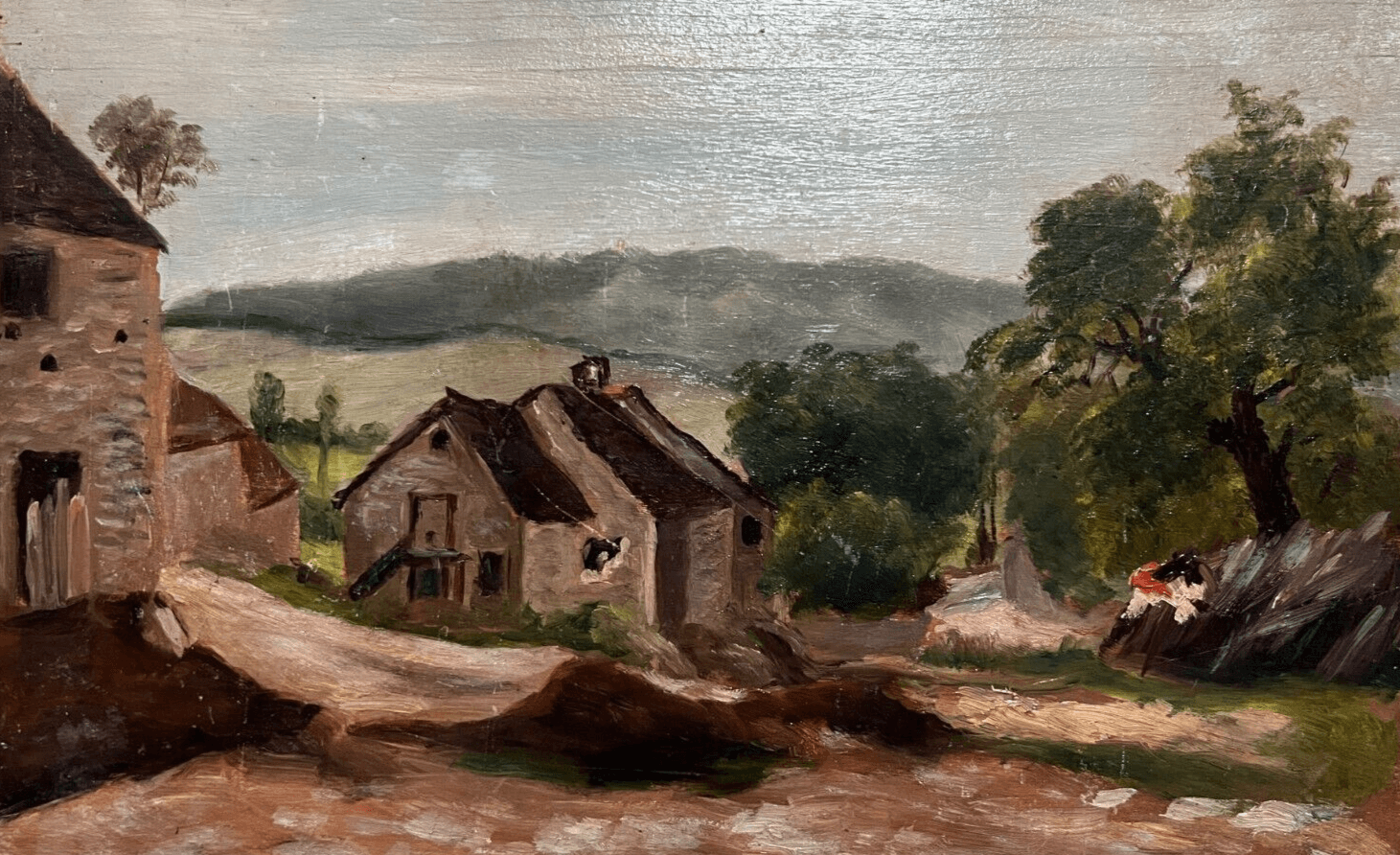 Antique Original Painting Landscape, Optevoz, Houses, People 19th century image 1