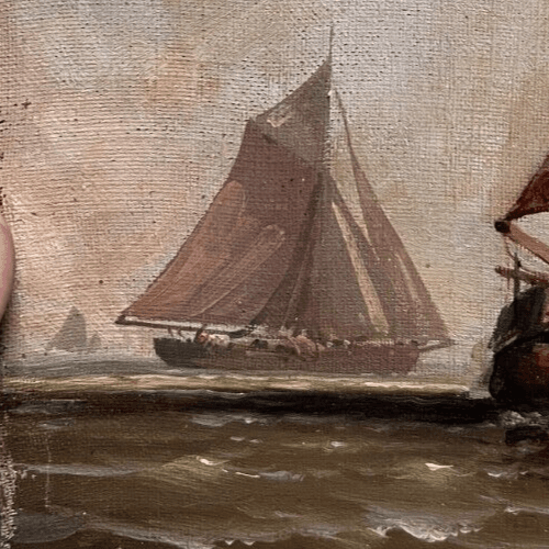 Antique Painting Original Landscape, Seaview, Boats, Seascape People signed image 4