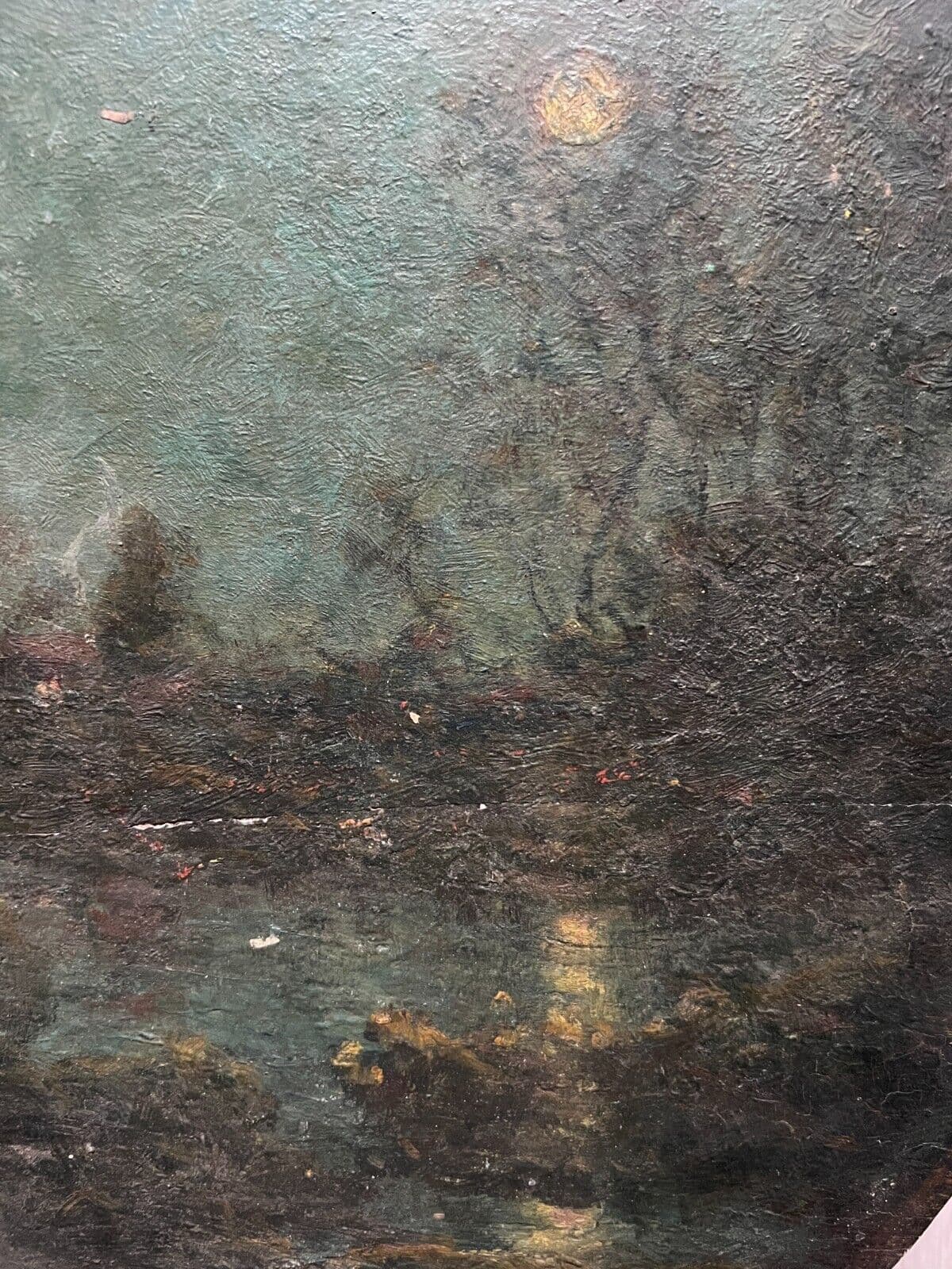 Antique Oil Painting Original Landscape, River, Trees, Forest, Moon, Night image 2