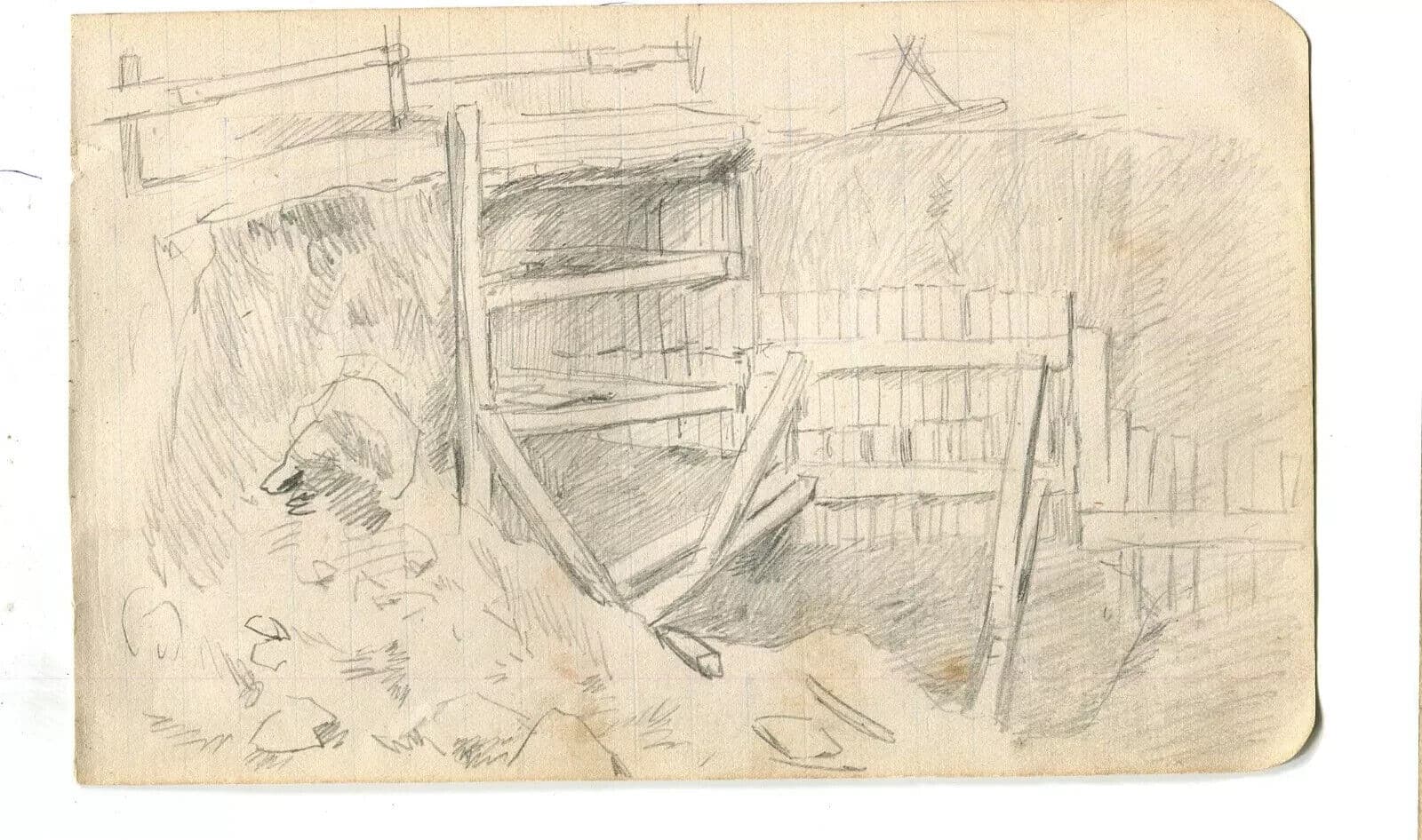 Vintage Pencil Original Drawing Entrance Mine, House, Landscape image 7