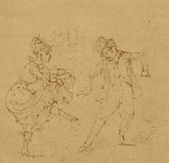 Antique Ink Drawing Original 19th century Dancing Man and Woman image 1