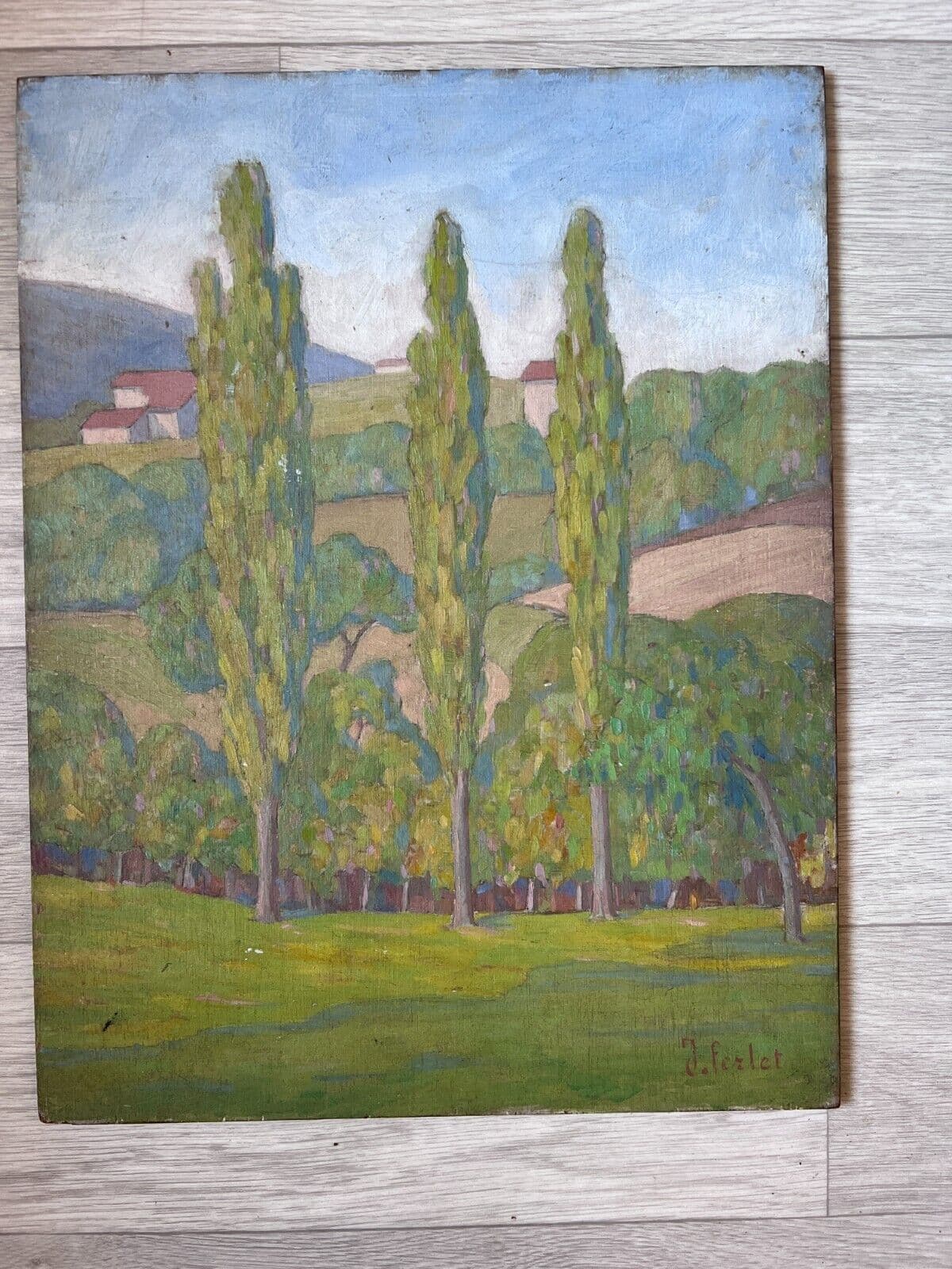 Antique Oil Original Painting City views Landscape, Houses and People image 3