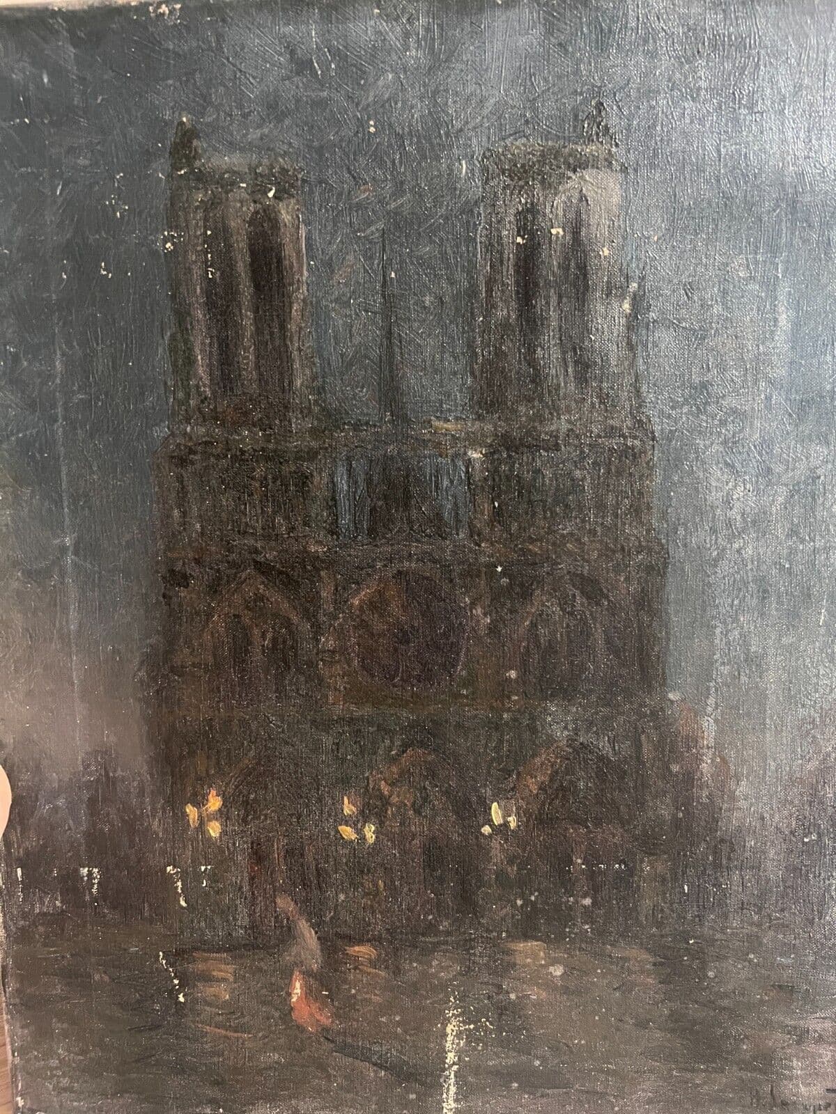 Antique Painting Original Cityview, Church, Notre-Dame de Paris, Night signed image 2