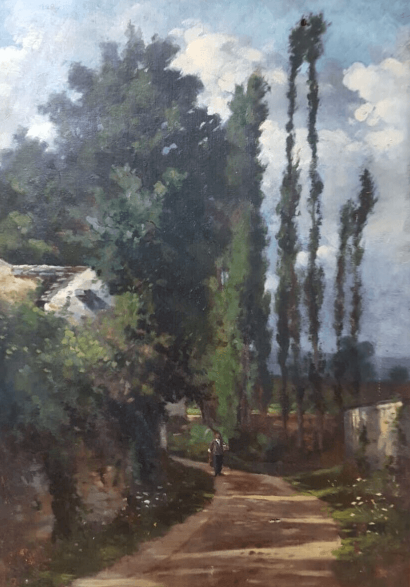 Antique Oil on canvas Original Old Painting Landscape, Path to House image 1
