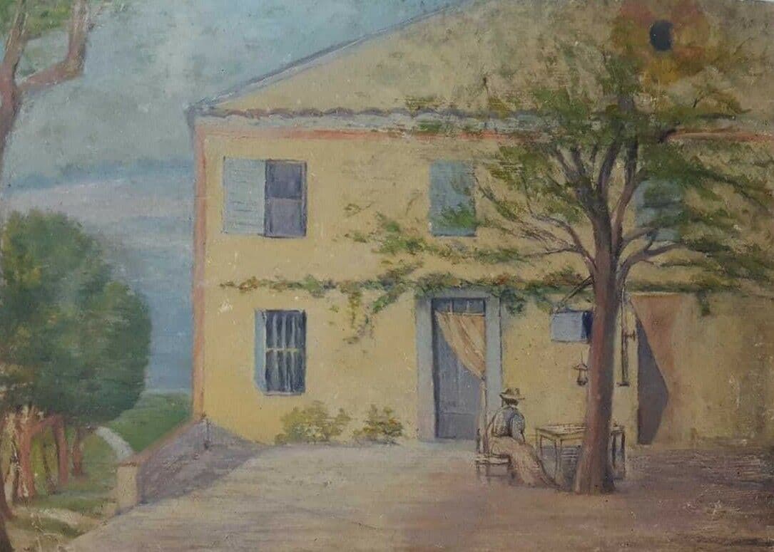 Antique Oil Original Painting House and Woman in Landscape, South of France