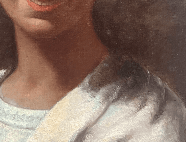 Antique Oil Original Painting Woman Portrait, Smile image 5