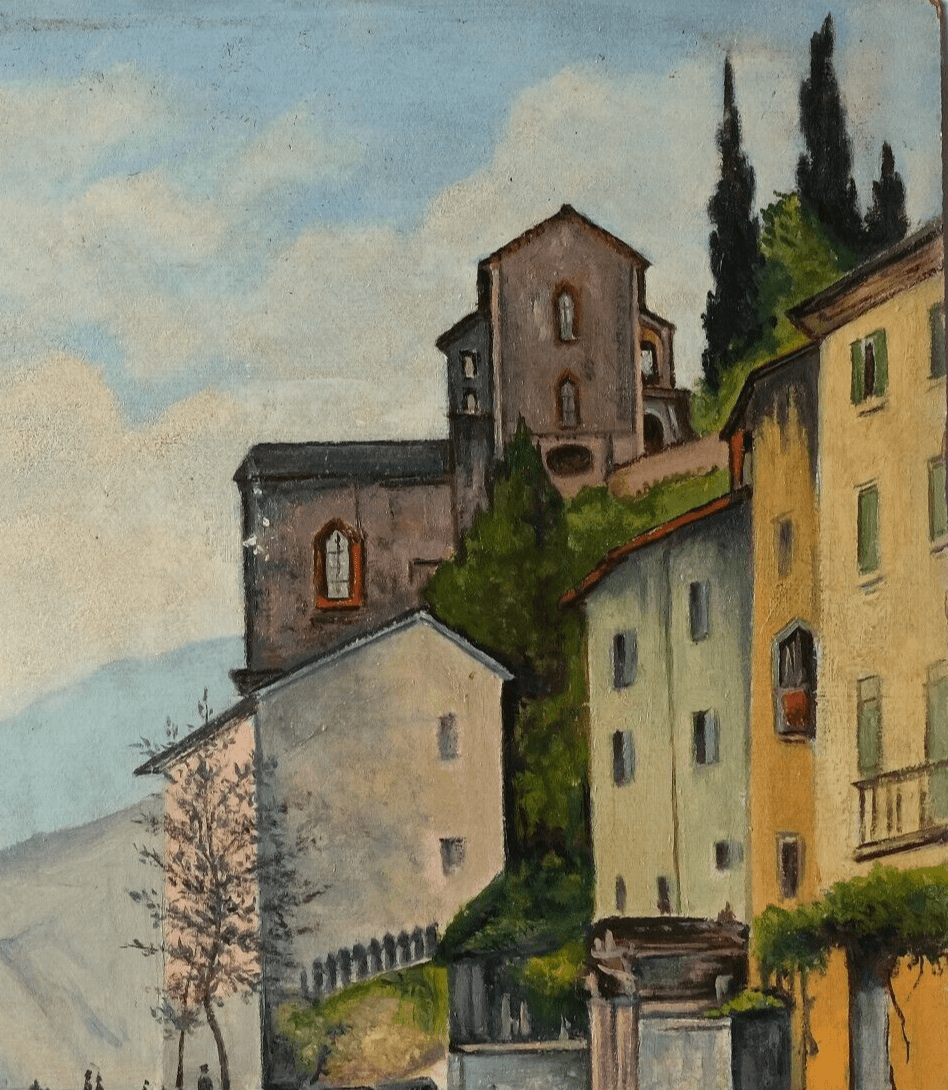 Antique Oil Painting Canvas Village Landscape, Lake, Italy, Mountain image 5
