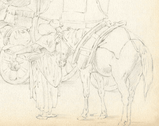 Vintage Pencil Original Drawing Carriages, Characters and Horses image 4
